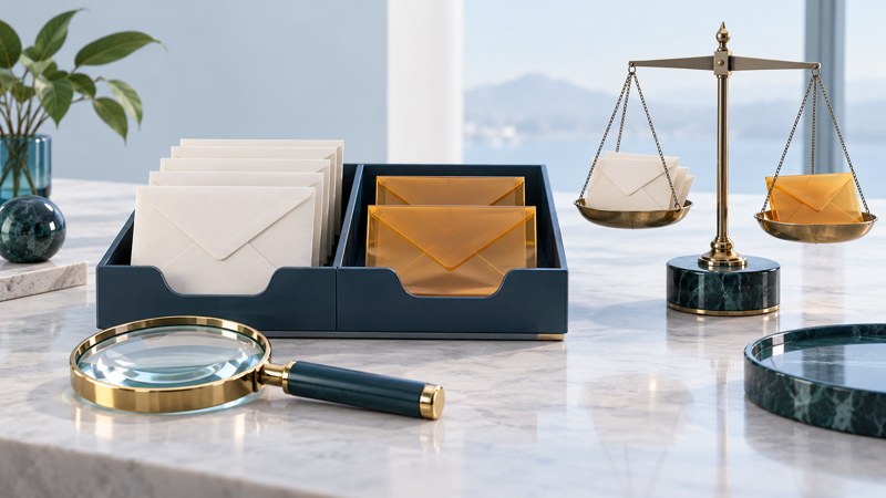 Ivory and amber envelopes sit in a sorting tray beside a balance scale and a magnifying lens.