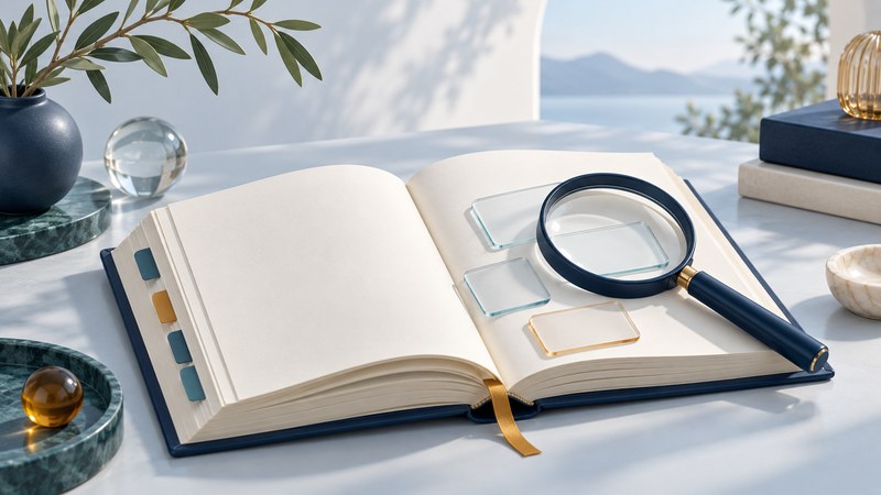 An open blank reference book with index tabs, a magnifying glass, and glass vocabulary cards.