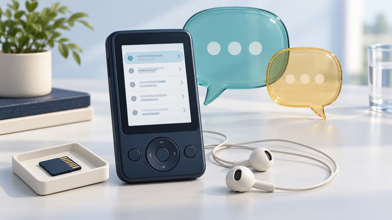 A handheld with a phrase-list display stands beside a memory card, wired earbuds and translucent speech bubbles.