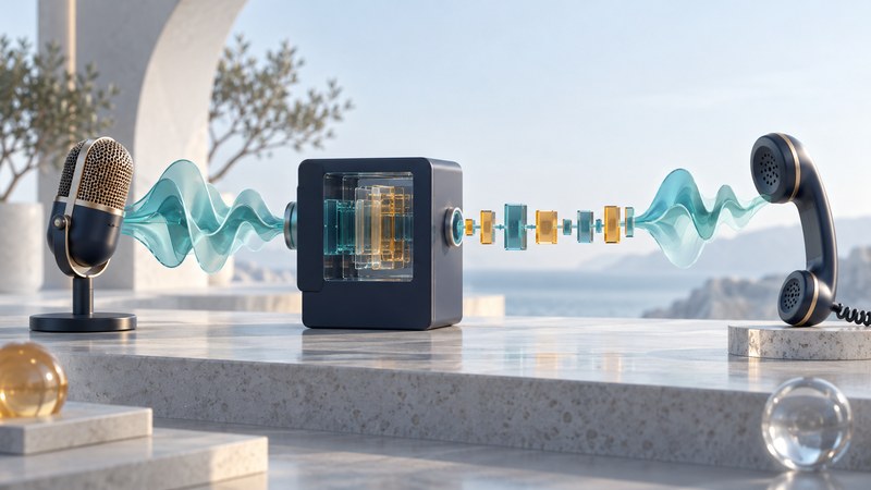 A microphone and phone earpiece connected through a codec block and glass packet shapes.