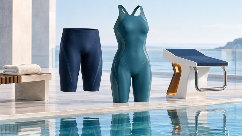 A navy racing jammer and teal kneeskin are displayed beside a pool starting block and folded towel.