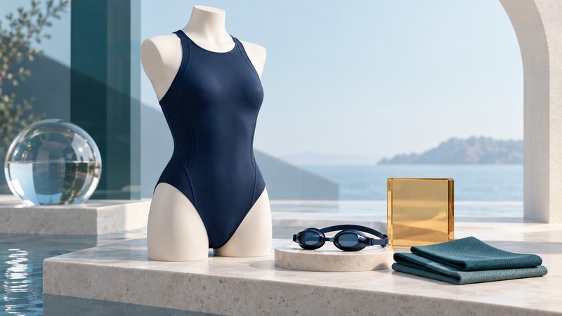An unbranded navy swimsuit on an ivory mannequin beside goggles, teal textiles and a blank amber tile.