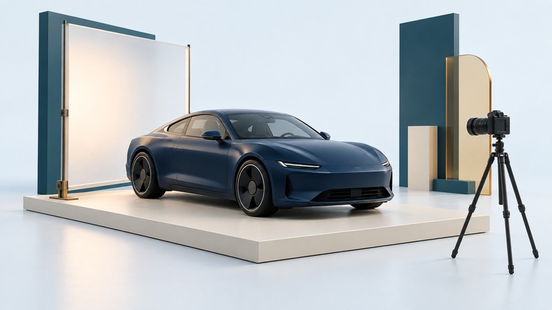 A navy sports coupe on a display platform with a camera on a tripod and a tall light-diffusing panel.