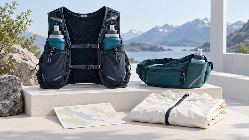A navy hydration vest with two teal flasks stands beside a bottle belt, folded jacket and route card.