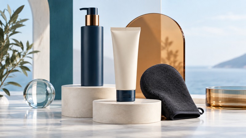 Closed sunless tanning containers, an application mitt and a translucent amber color panel.