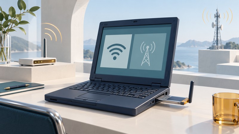 A period laptop with a cellular PC Card faces separate Wi-Fi and cellular network models.