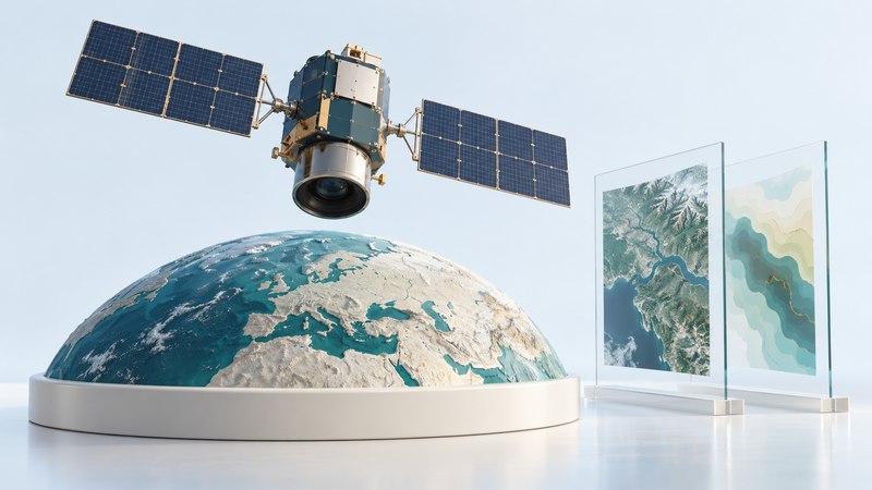 A conceptual satellite above a teal and ivory Earth model beside two glass terrain panels.