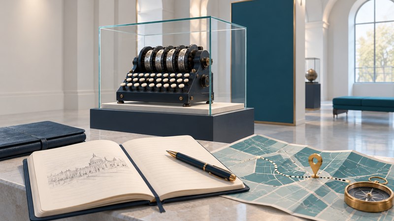A conceptual cipher-machine museum display beside a route map, notebook and amber location marker.