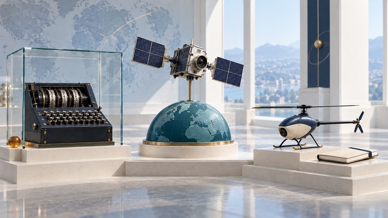 A cipher-machine exhibit, satellite and globe model, and miniature camera aircraft on ivory museum platforms.