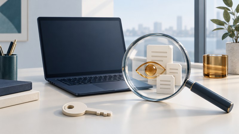 A glass lens reveals an amber eye and document tiles beside a laptop and a separate ivory key.