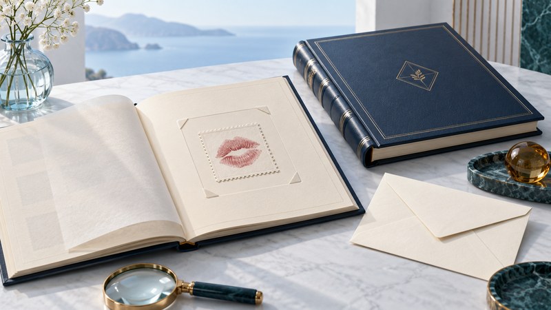 An archival album holding a decorative kiss-print label beside a plain envelope and closed navy album.