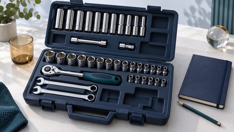 An open mechanics case with shallow and deep sockets, a ratchet, two wrenches, empty recesses and an inventory notebook.