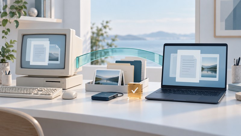 An ivory desktop and a navy laptop stand beside a tray of photos and folders, an external drive and a glass teal bridge.