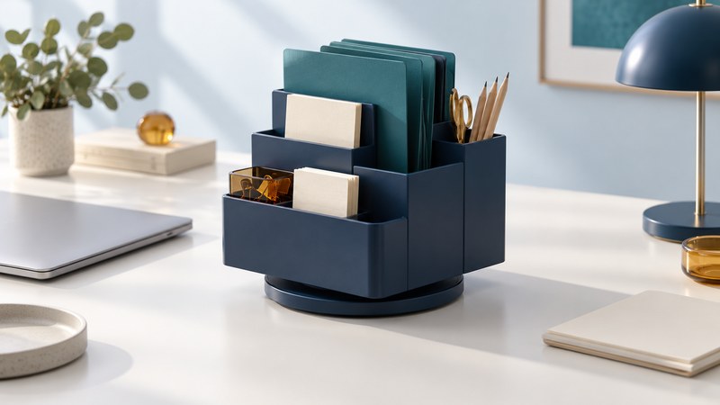 A conceptual navy rotating organizer holds folders, notepads and pencils on a clear ivory desk.