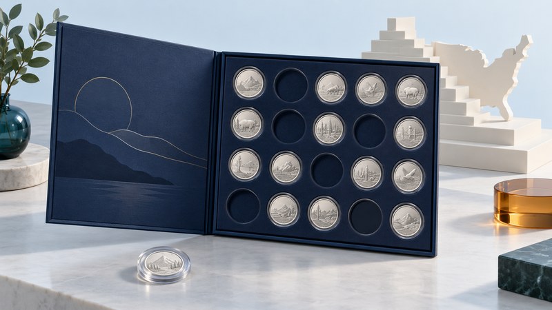 A navy coin folder with filled and empty slots beside a coin capsule and a stylized U.S. map.