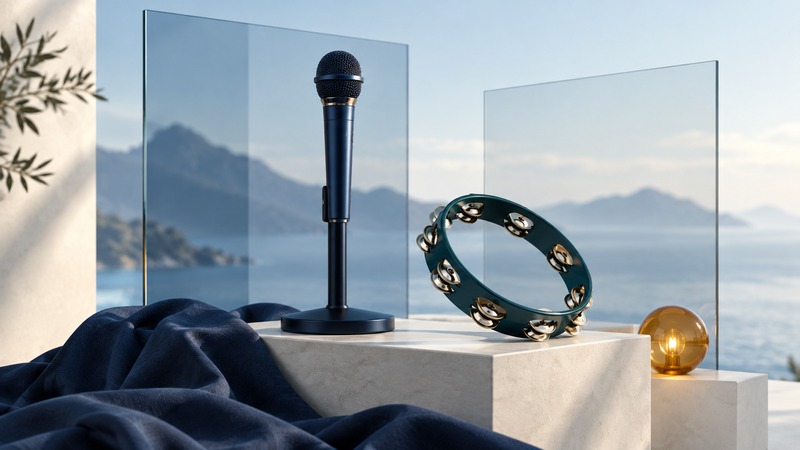 Navy vocal microphone and teal tambourine beside folded fabric and two translucent glass panels.
