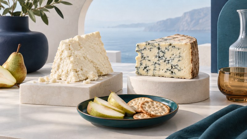 A crumbly white cheese wedge and a blue-veined wedge on separate ivory plinths with pear and crackers.