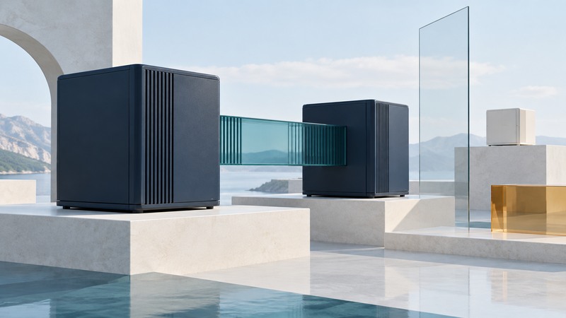 Two navy storage units face a glass bridge while a third ivory archive box sits separately.