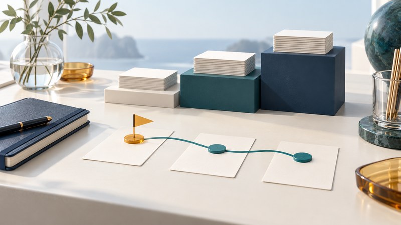 Blank page cards, three organized stacks and a navy notebook sit beside a teal planning path with an amber priority marker.