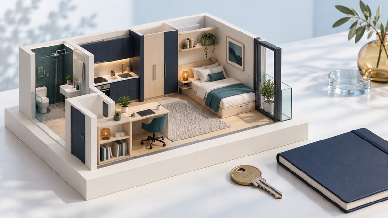 A miniature cutaway studio with a bed and study desk beside a key and notebook.