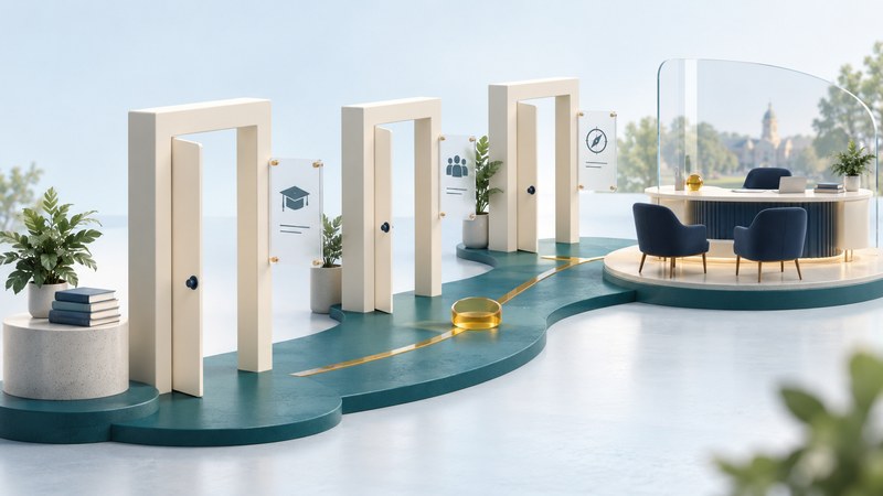 An ivory pathway through three open doorframes leads to a welcoming advising desk with navy chairs.
