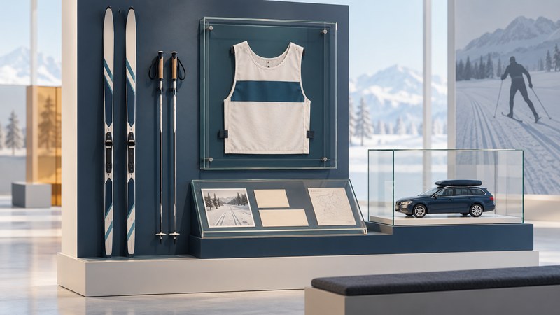 A conceptual Nordic skiing display with skis, a blank bib, archival-style cards and a generic wagon model.