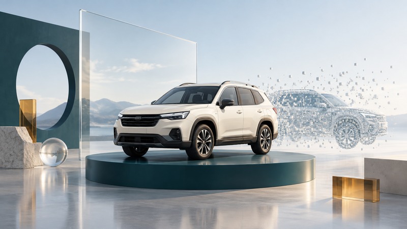 A generic SUV stands beside a second vehicle dissolving into pale particles.