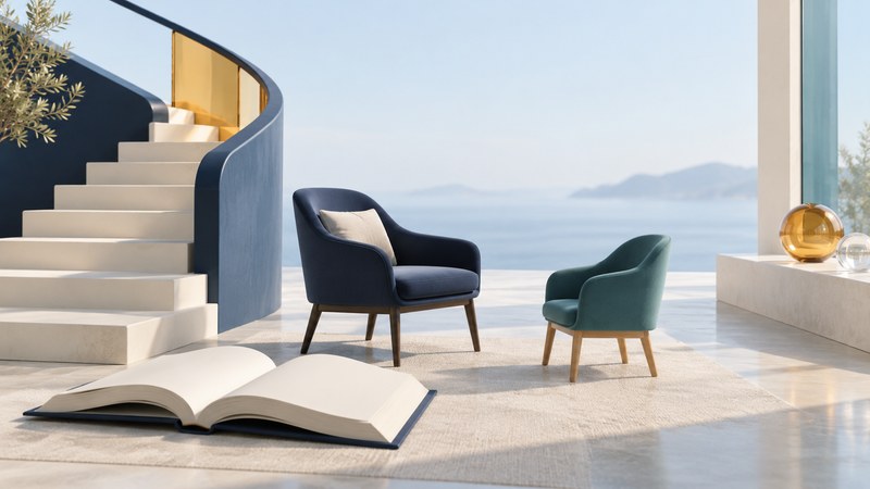 Two chairs of different sizes beside an ivory stairway and an open book.
