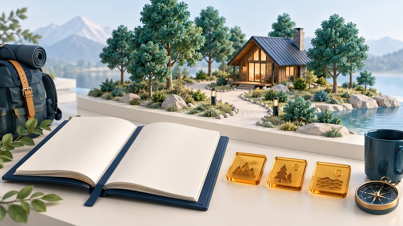 An open planner and amber activity tiles in front of a miniature woodland cabin.