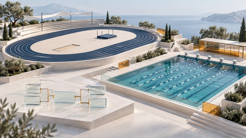 An abstract summer sports complex with a running track, swimming pool and blank glass bracket tiles.