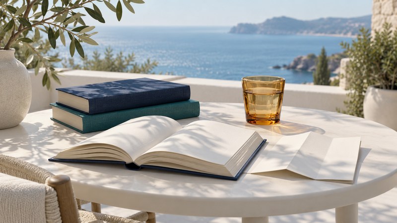 Navy and teal books on an ivory outdoor table with a blank planner and amber water glass.