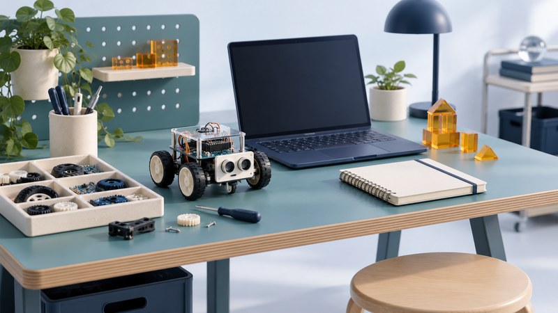 A small educational robot, component tray, laptop and notebook occupy a teal maker desk.