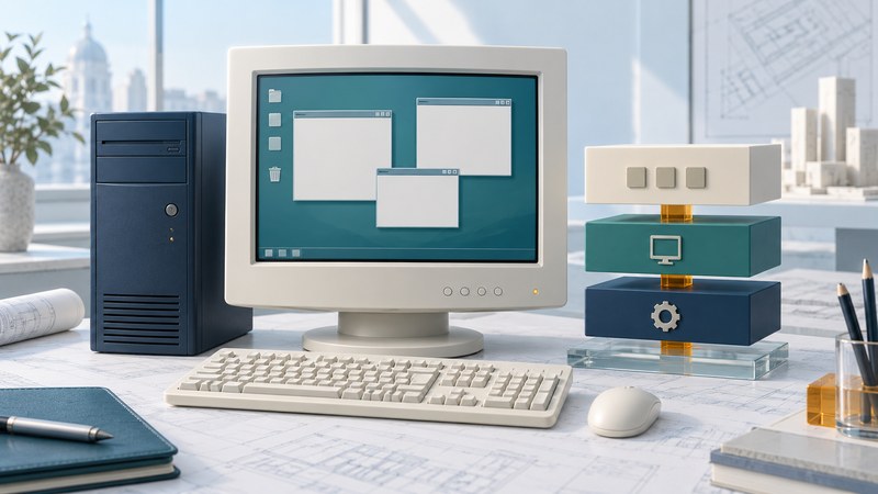 An ivory desktop monitor and navy tower stand beside a layered model of operating system, desktop and applications.
