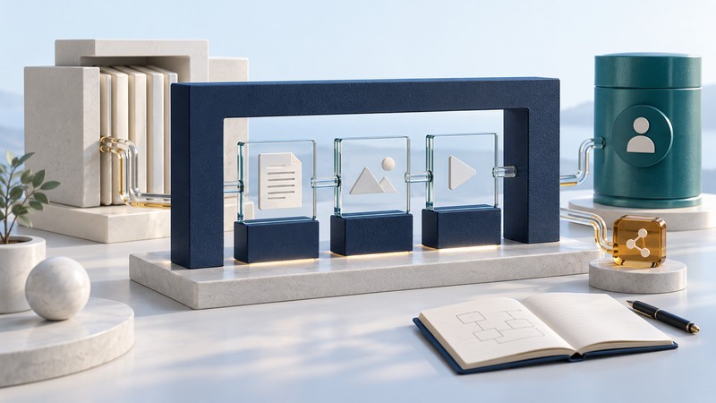 A portal frame holds three content panels beside a separate repository, identity station and dependency notebook.