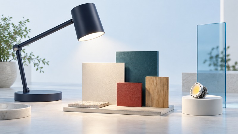 A navy lamp illuminates colored and wood samples beside a conceptual LED component and clear glass panel.