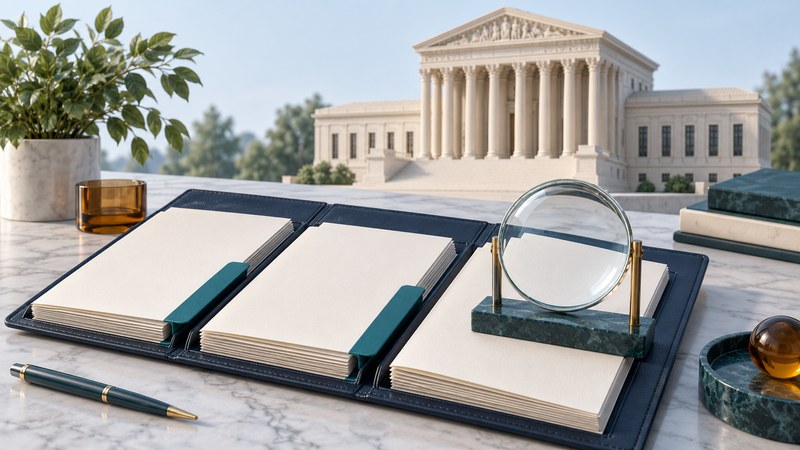 An open case folder with three document stacks and a magnifying lens sits before a courthouse.