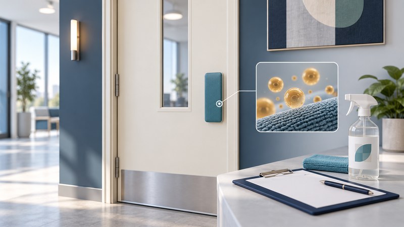 An institutional door push pad beside a textile illustration, cleaning supplies and blank inspection notes.