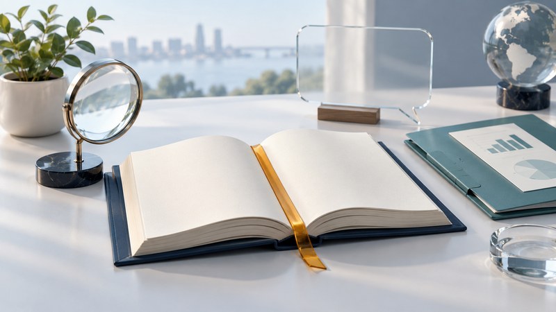 An open public-health report with a glass magnifying lens and teal speech panel on an ivory desk.