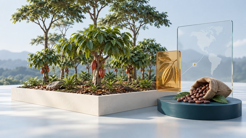 A conceptual miniature cacao plot beneath shade trees beside a cocoa-bean sack and translucent tracing panels.