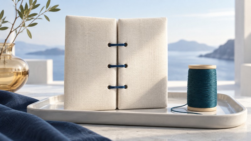Two ivory fabric panels held together by navy thread beside a teal spool.
