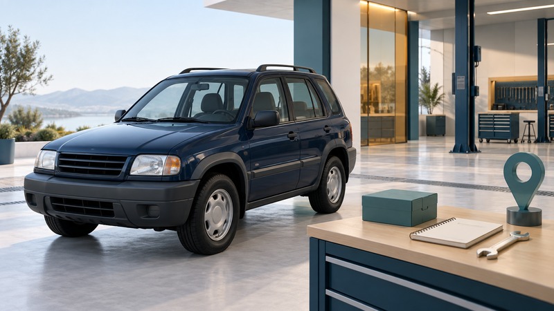 An older navy compact SUV beside a parts box, service notebook, spanner and teal location marker.