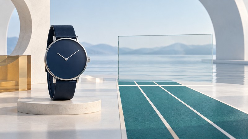 A plain navy wristwatch beside a miniature teal running track with a white finish line and a blank glass panel.