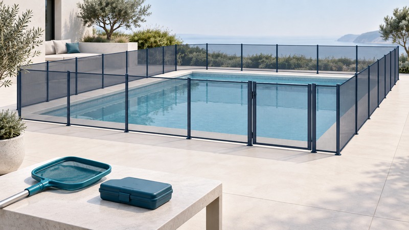 A swimming pool is enclosed by a navy safety fence, with a skimmer and closed water-testing kit in the foreground.