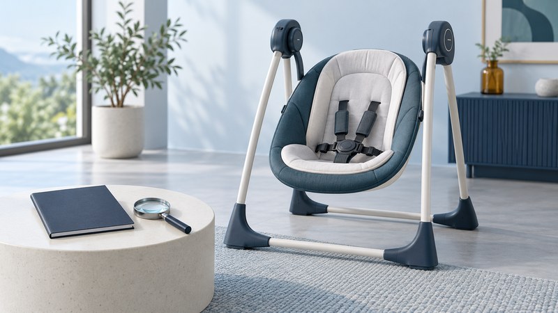 An empty generic infant swing beside a closed instruction booklet and a magnifying glass.