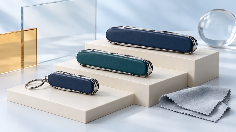 Three closed pocket knives in graduated sizes arranged on ivory steps beside a cleaning cloth