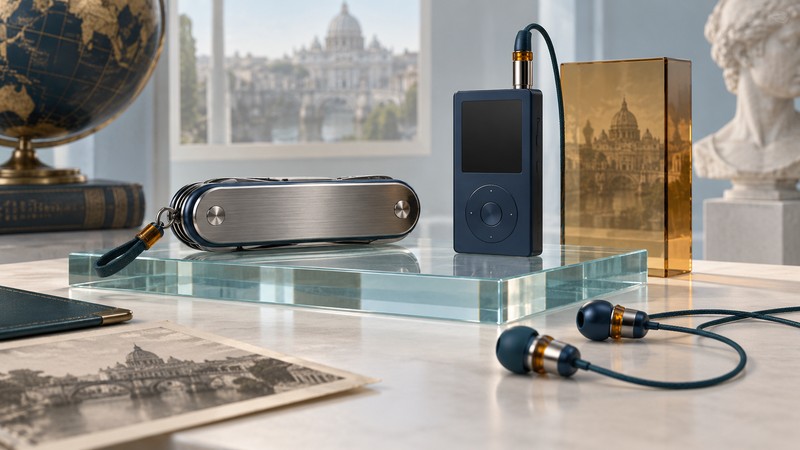 Conceptual closed multi-tool, separate audio-player module and wired earphones on a display stand.