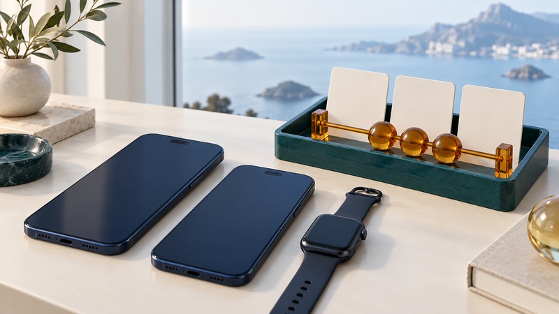 Two navy phones and a smartwatch beside blank billing cards and three amber counter beads.