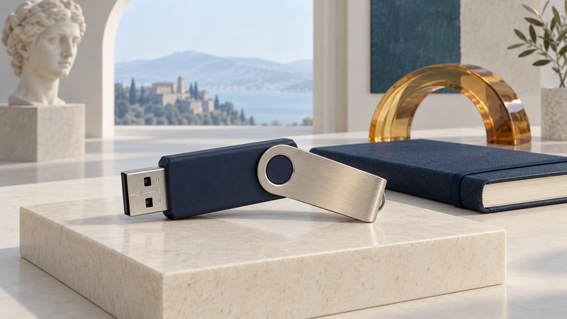 Conceptual USB flash drive with an attached metal cover pivoted away from its plug.