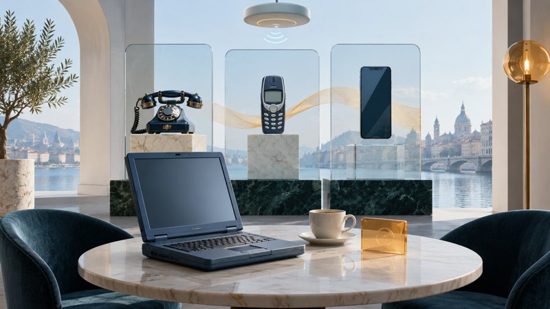 A period cafe laptop and cup sit beside a translucent subscription card and glass panels representing communication eras.