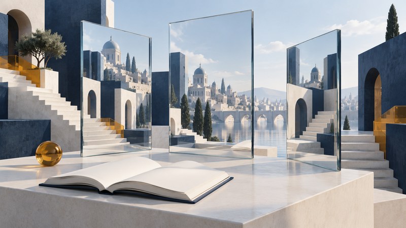 An open book before architectural fragments and upright reflective glass panels.